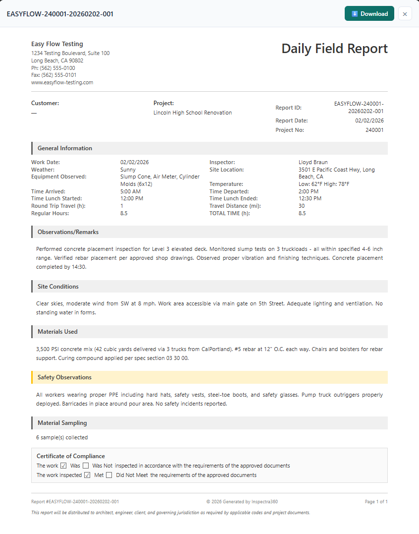 Daily Field Report — professional branded report with observations, materials, safety notes, and compliance certification