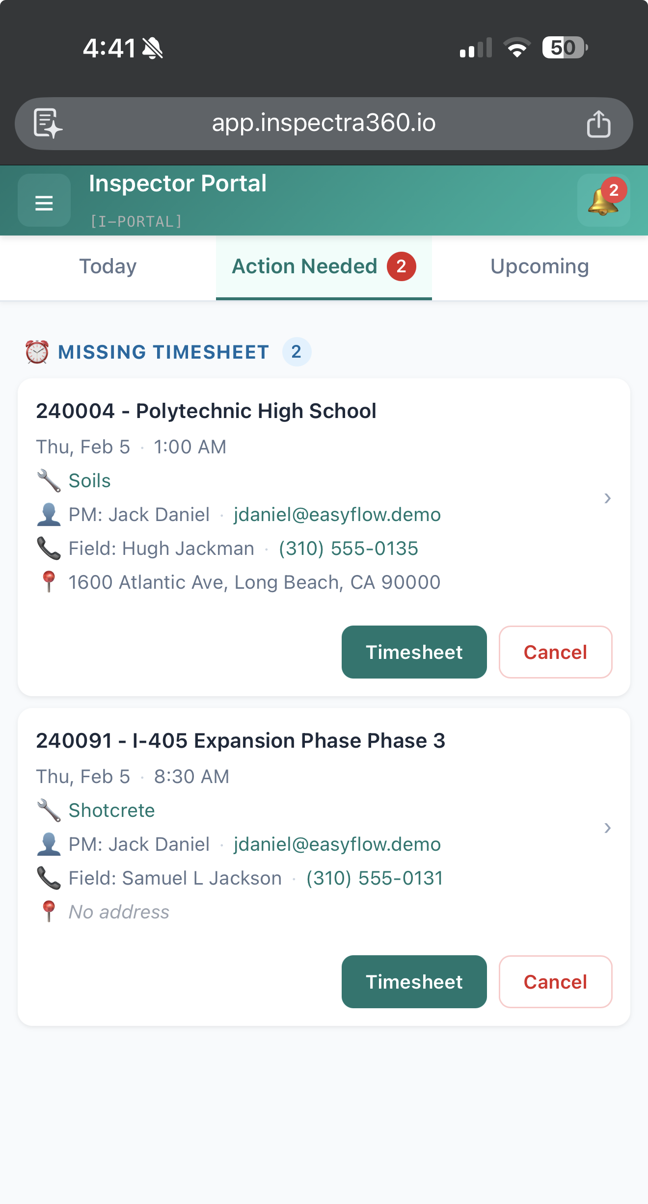 Inspector mobile portal — view assignments, submit timesheets, and manage field work from any device