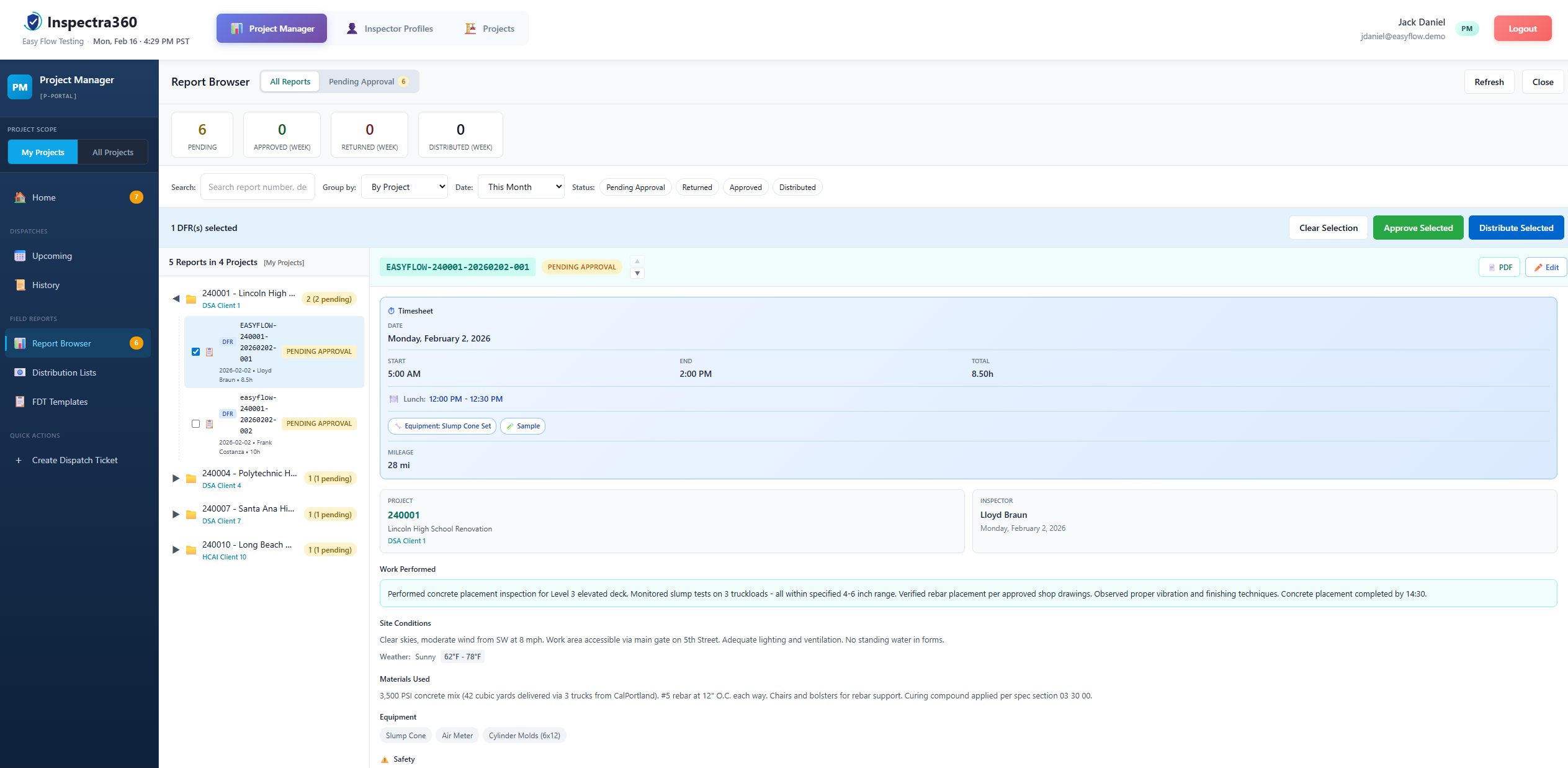 PM Report Browser — hierarchical DFR management with approval workflow and inline report preview