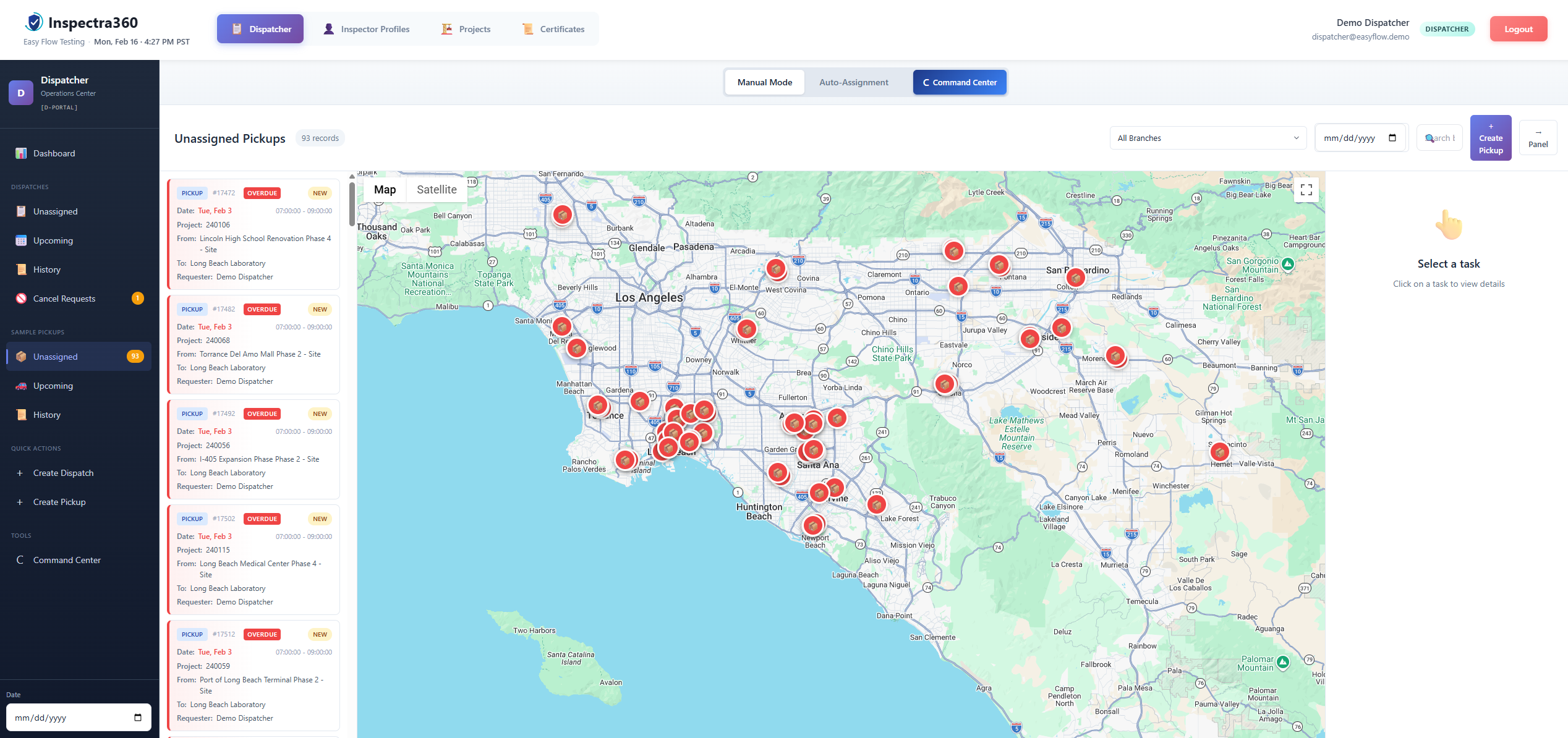 Sample pickup management — interactive map with optimized driver routes and real-time task tracking