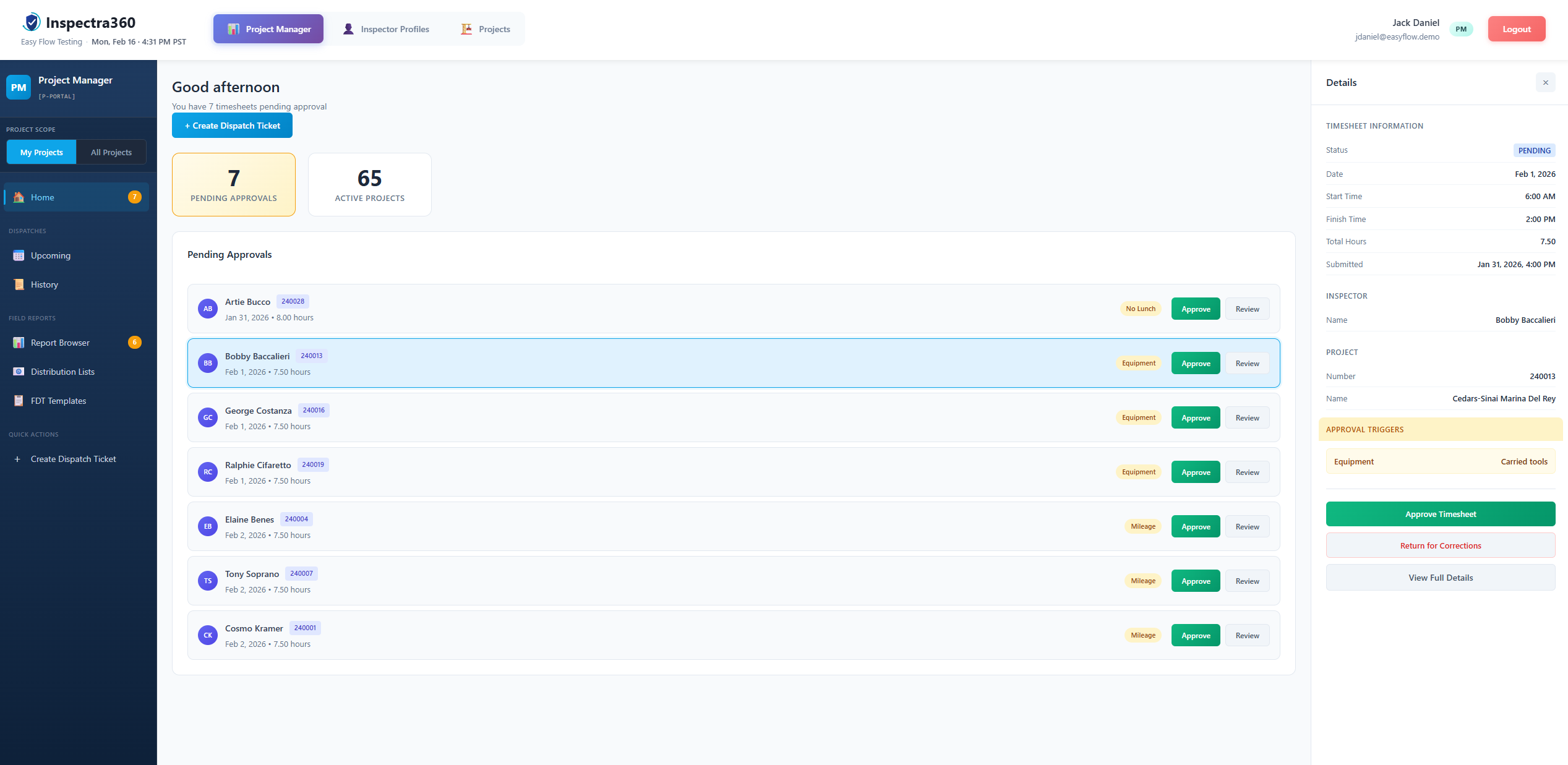 Timesheet approval dashboard — pending approvals with OT/DT calculations and one-click approval workflow