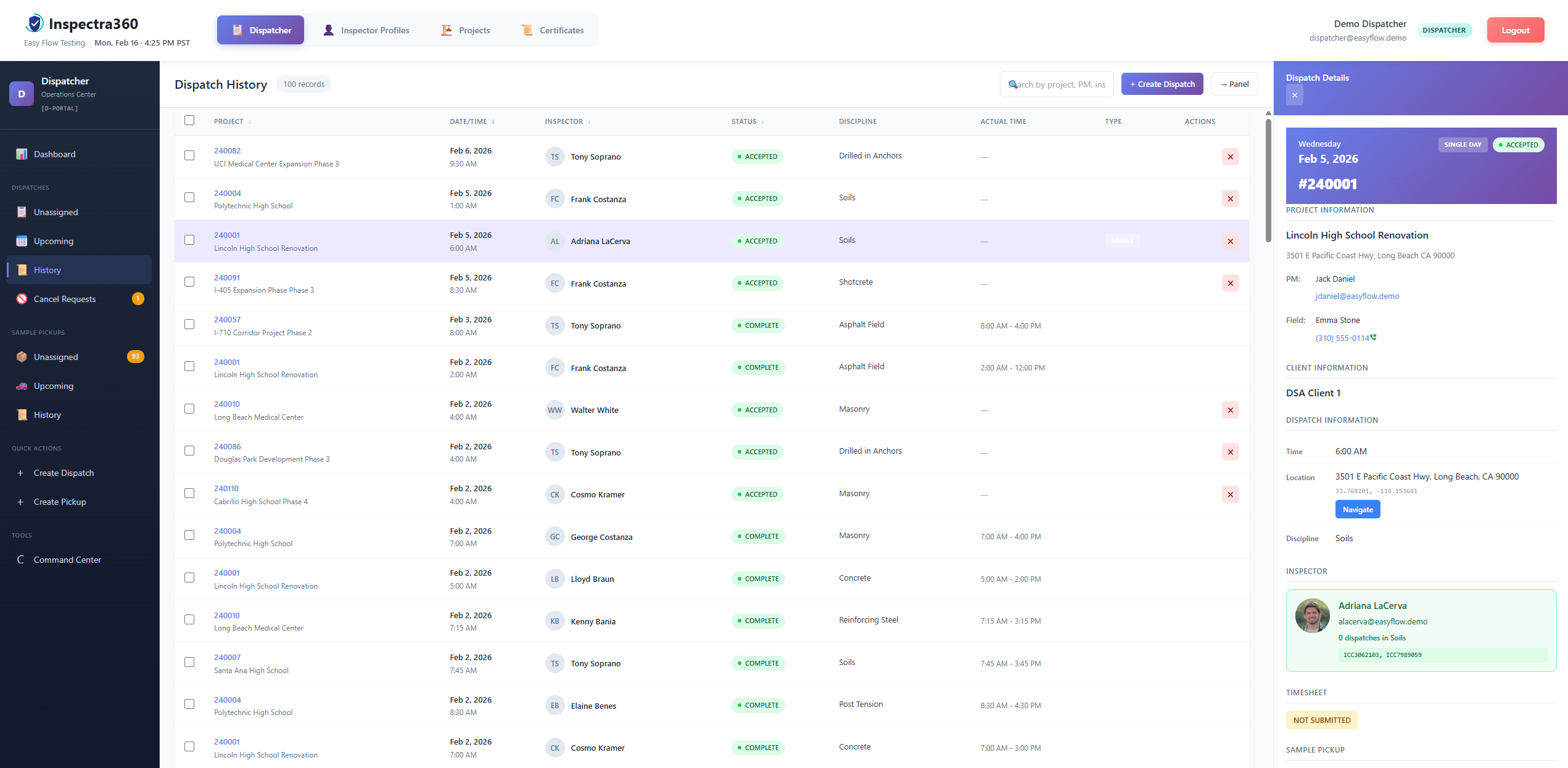 Inspectra 360 Dispatch Dashboard — real-time dispatch history with inspector assignments, project details, and status tracking